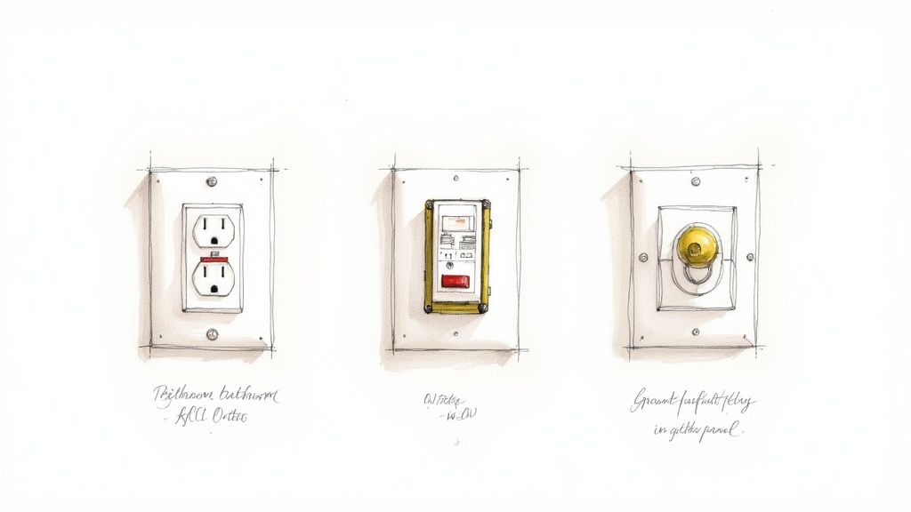 Hand-drawn illustrations of a GFCI outlet, a control panel, and a ground fault relay.