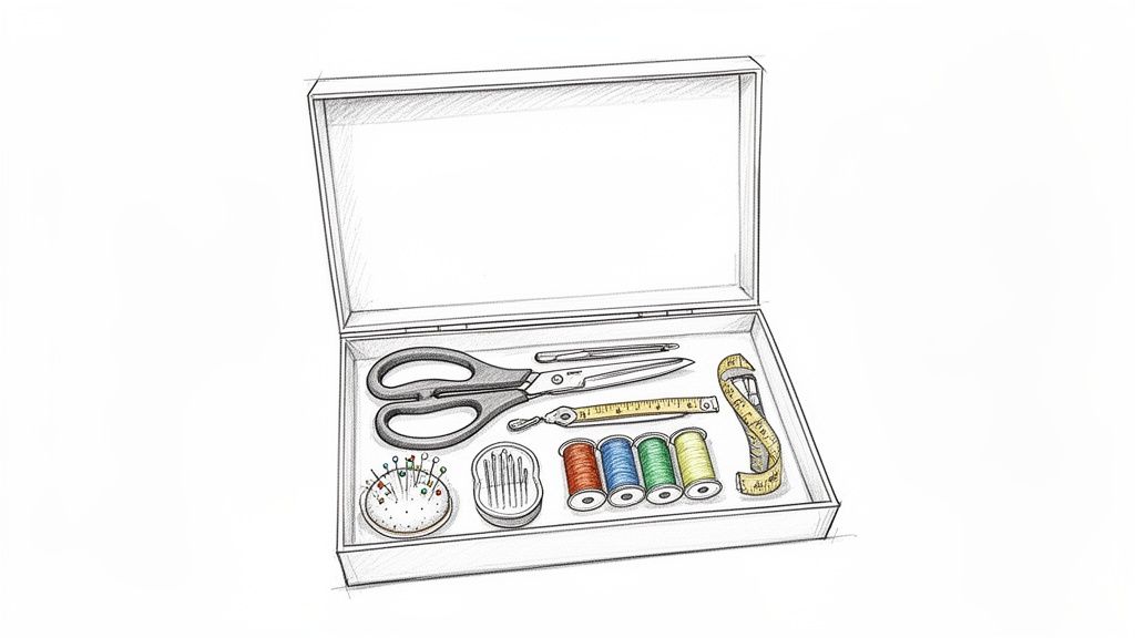 A detailed sketch of an open sewing box filled with essential notions like scissors, thread spools, and a measuring tape.
