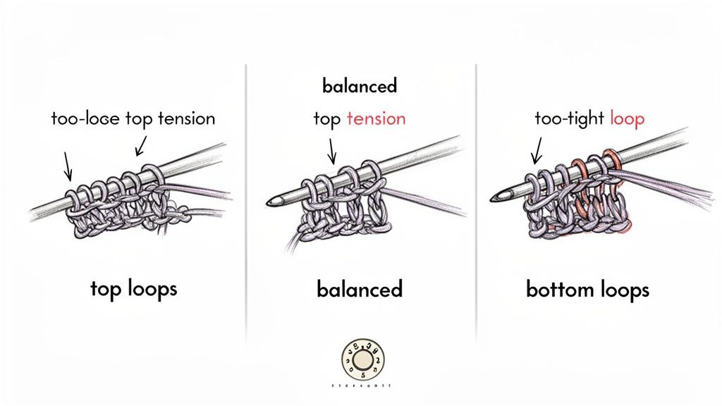 Illustration compares knitting tension: too-loose top loops, balanced tension, and too-tight bottom loops on needles.