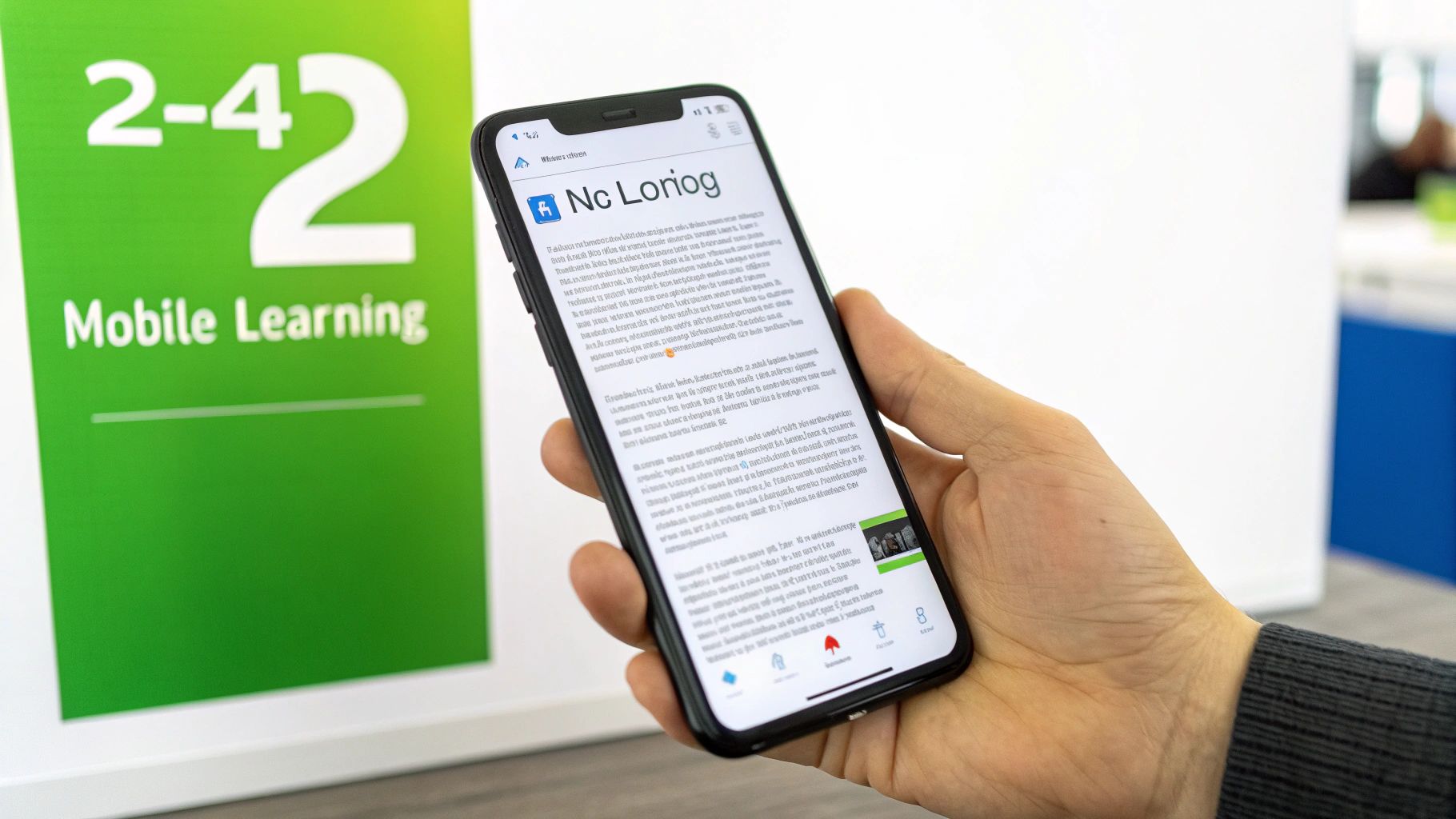 A person holds a smartphone displaying a learning app, with a &#39;Mobile Learning&#39; sign in the background.