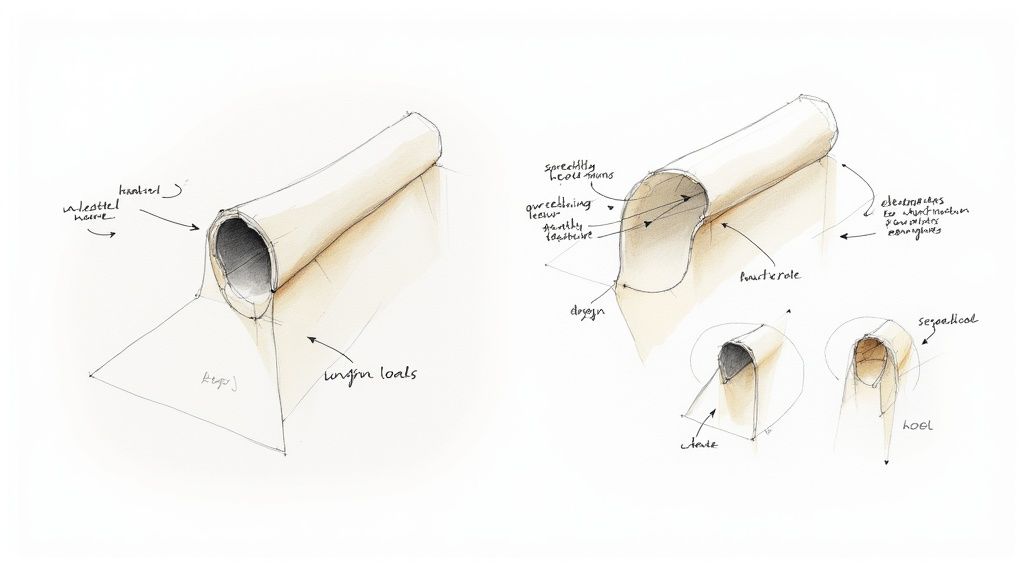 Technical sketches illustrate material stretching, tension, and deformation, detailing mechanics for wrapping applications with annotations.