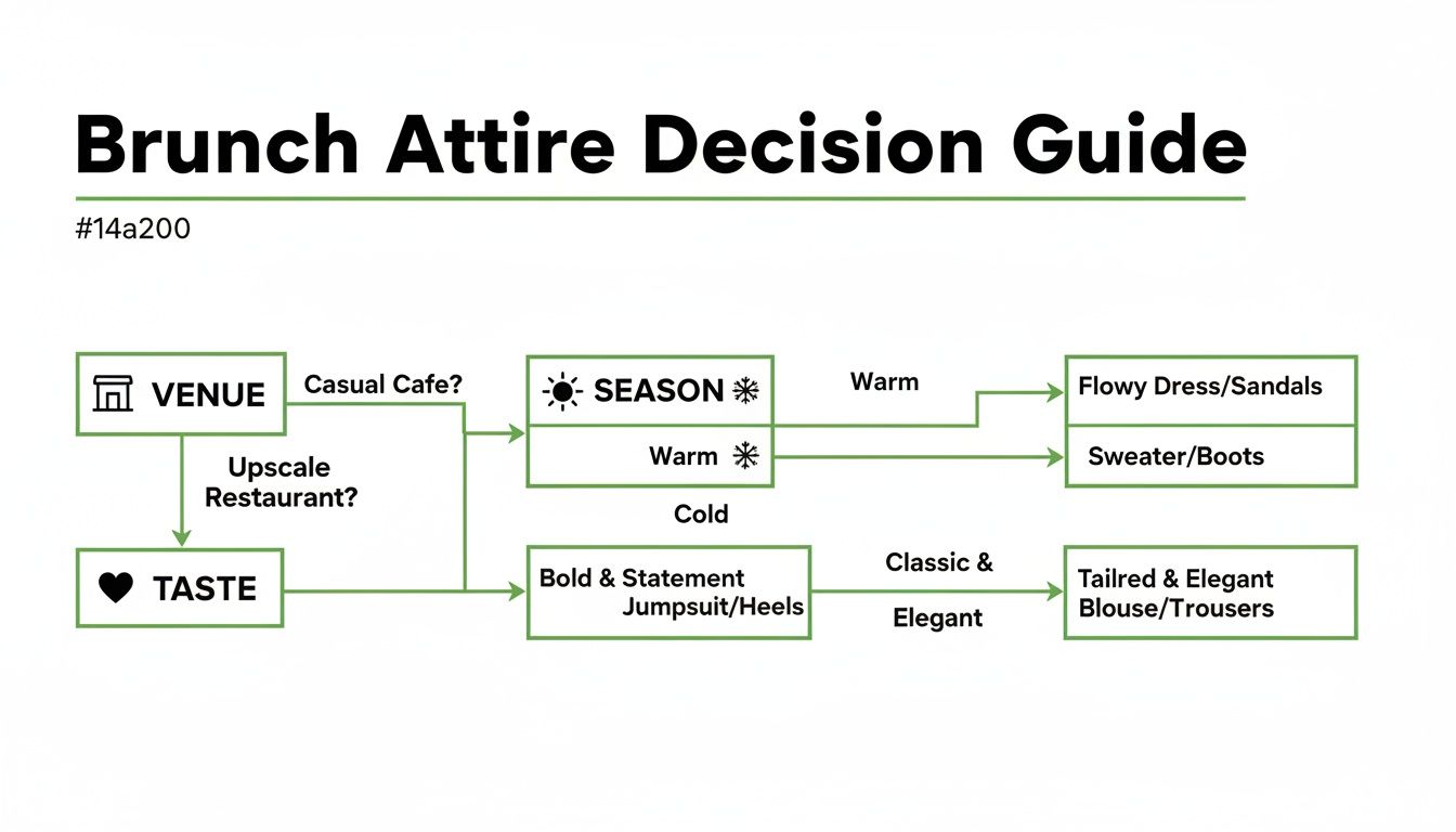 A flowchart titled 'Brunch Attire Decision Guide' showing outfit recommendations based on venue, season, and taste.
