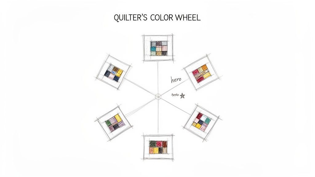 A hand-drawn diagram showing a quilter's color wheel with six square fabric palettes arranged circularly.