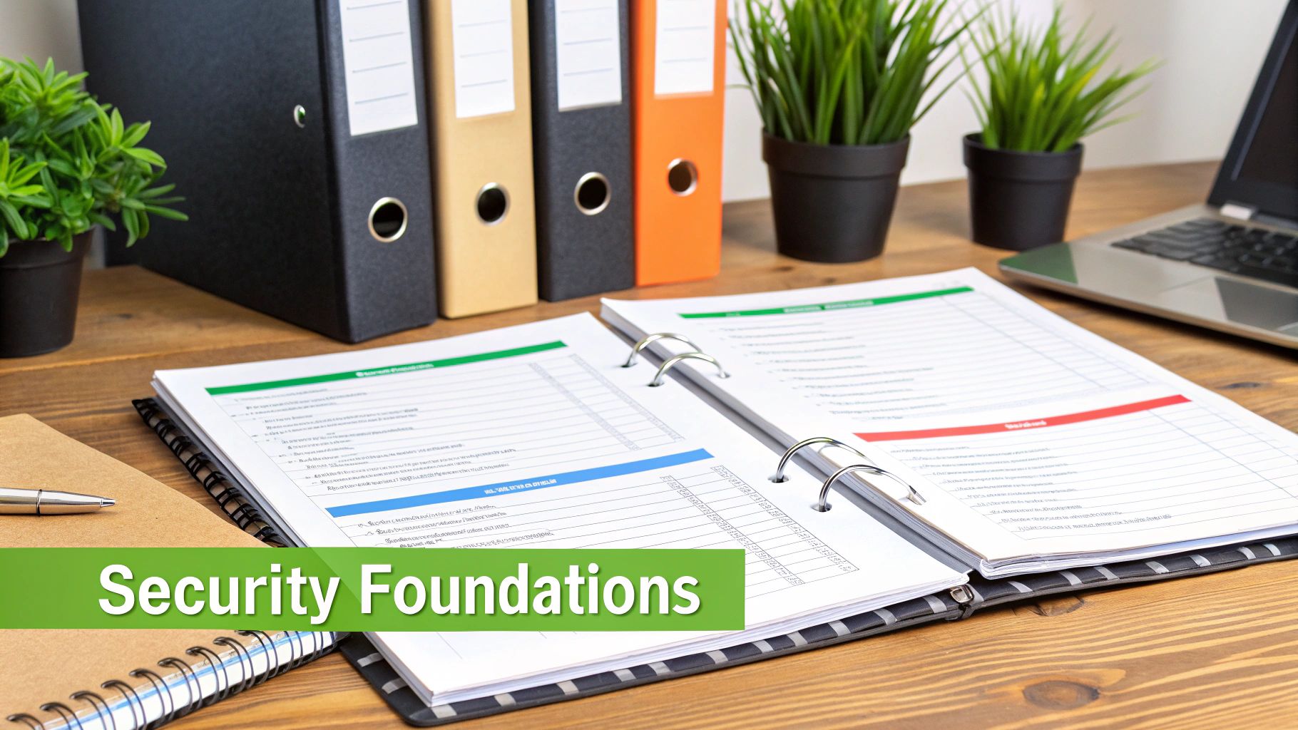 Open binder with security policy documents on a desk, surrounded by office supplies and plants, with &#39;Security Foundations&#39; text.