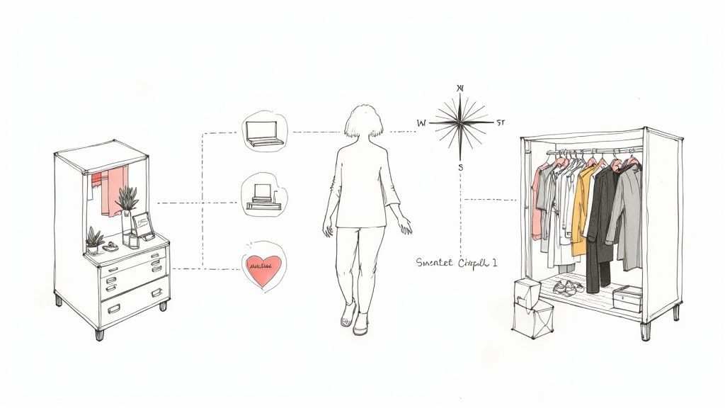 A woman confidently browsing a clothing rack with a variety of stylish options