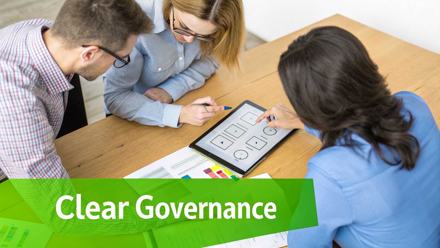 Three professionals collaborate around a table, viewing data on a tablet and documents, implying clear governance.