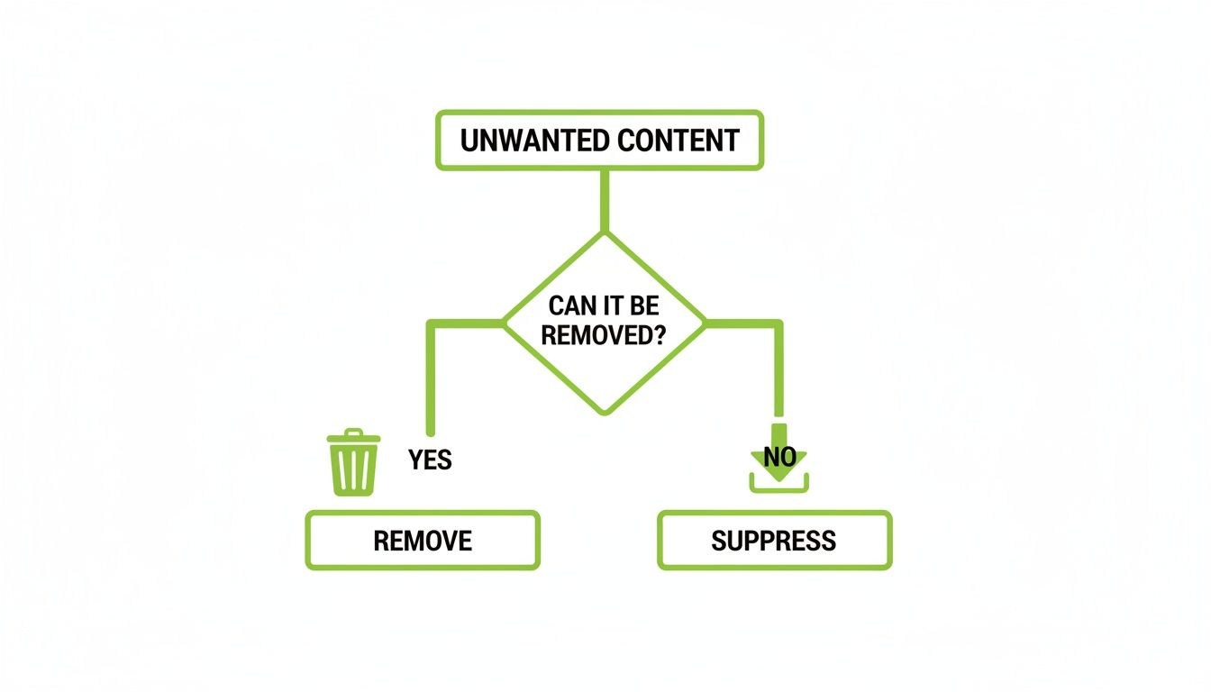 Flowchart illustrating the process for managing unwanted content: remove if possible, otherwise suppress.