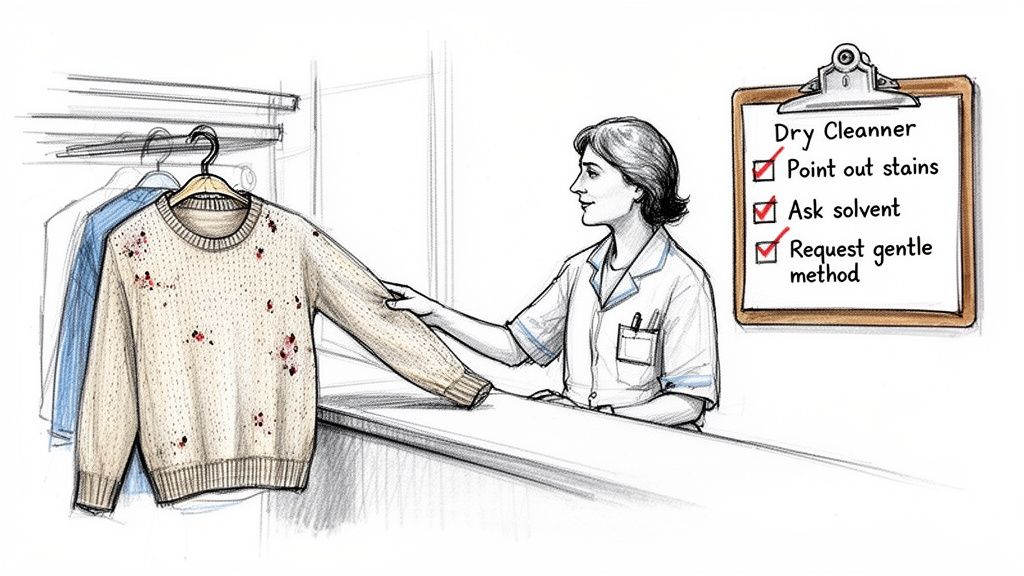 A dry cleaner receiving a stained sweater, with a checklist for stain removal and gentle cleaning methods.