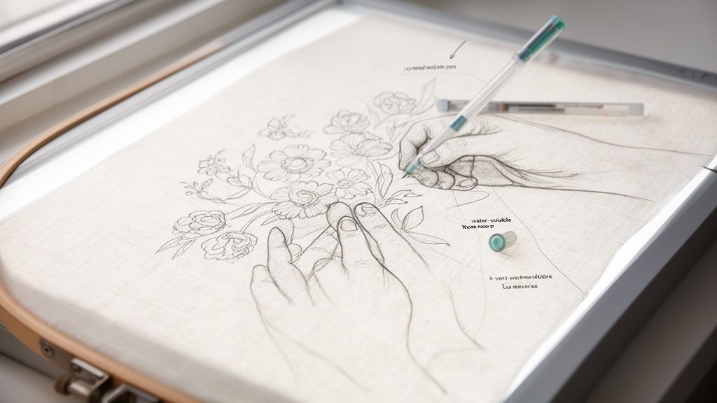 Close-up of hands tracing floral embroidery patterns onto fabric using a re-writable pen.