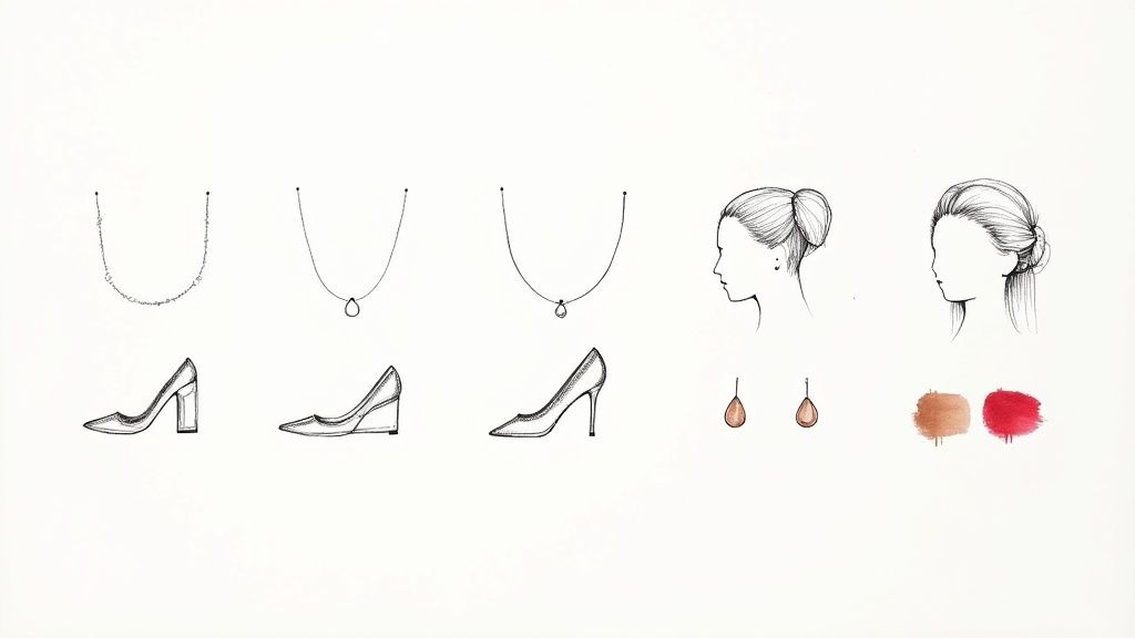 Illustrations of women's fashion accessories: necklaces, high heels, earrings, and elegant updos.
