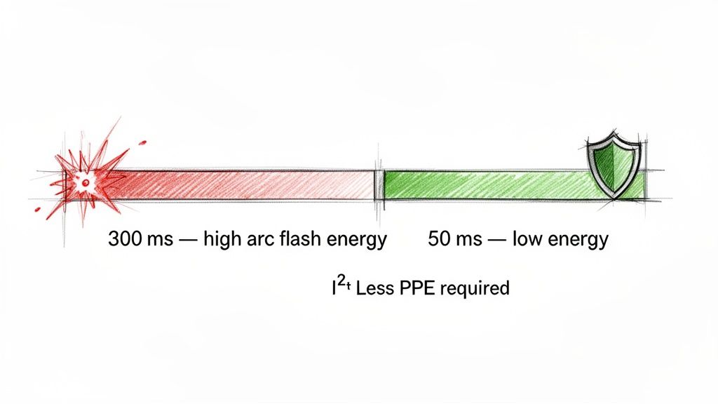 Illustration comparing high arc flash energy at 300ms to low energy at 50ms, showing less PPE required.