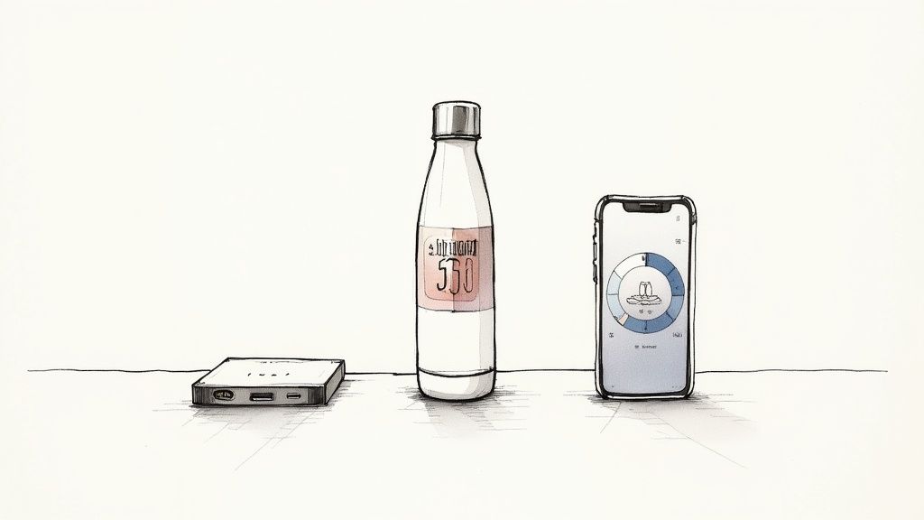 Stylish tech gadgets like a smart water bottle and portable charger on a modern desk.