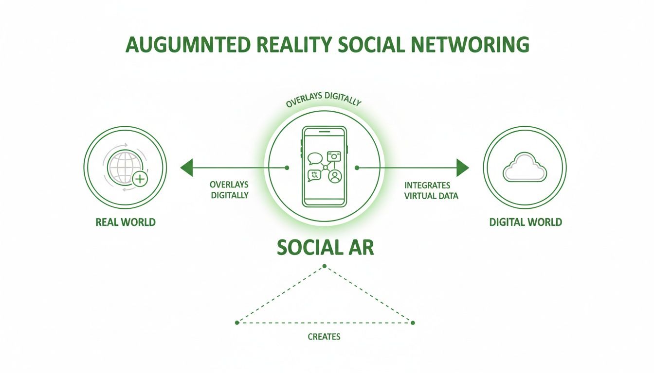 An infographic explaining augmented reality social networking, linking real world, social AR, and digital world.