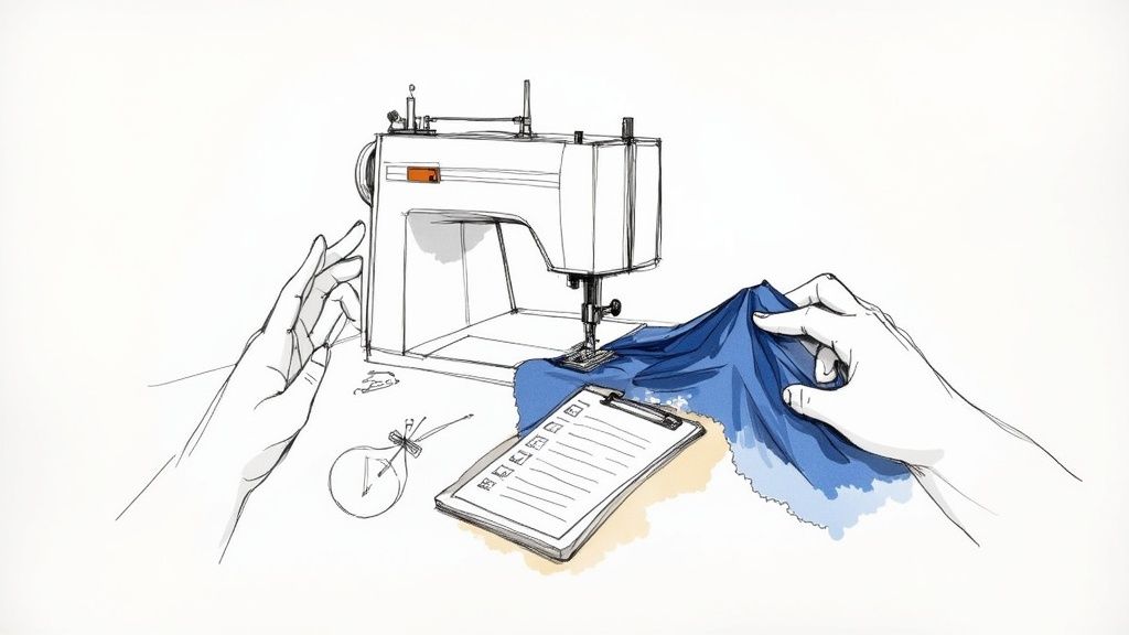 A person's hands guide blue fabric under a sewing machine needle, with a checklist and tools nearby.