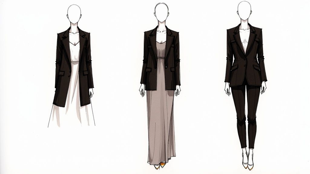Fashion sketches of women wearing blazers styled with a long white dress, a maxi dress, and a pantsuit.