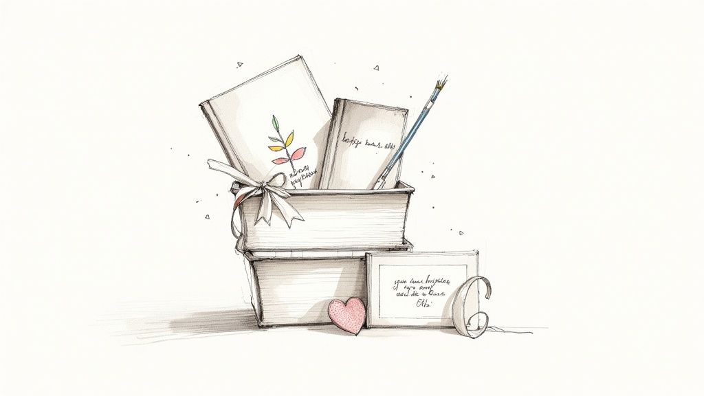 A thoughtful gift illustration: stacked boxes with books, a paintbrush, ribbon, pink heart, and handwritten note.