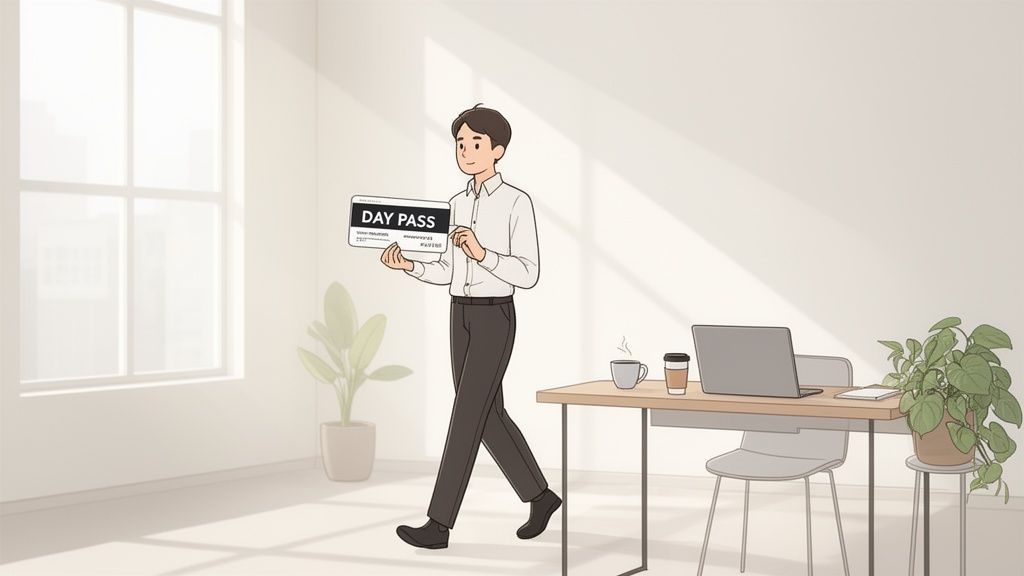 A person sitting at a desk in a modern coworking space, focused on their laptop.