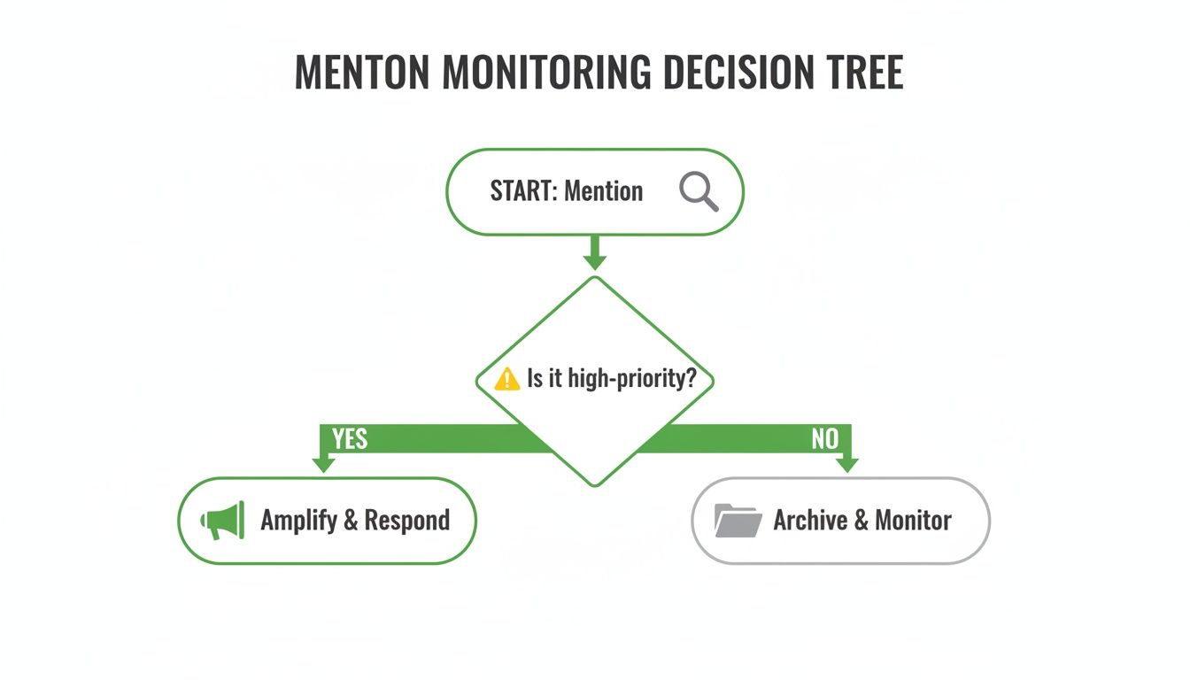 Flowchart for Menton monitoring: start with a mention, decide if high-priority, then amplify or archive.
