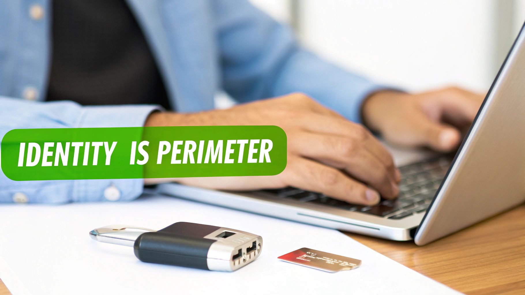 A person types on a laptop, with a security key and credit card on the desk, illustrating &#39;Identity is Perimeter&#39;.