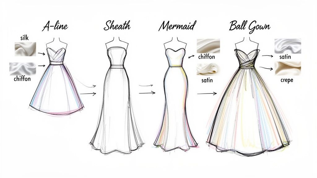 Sketches of four wedding dress silhouettes: A-line, Sheath, Mermaid, and Ball Gown, with fabric examples.