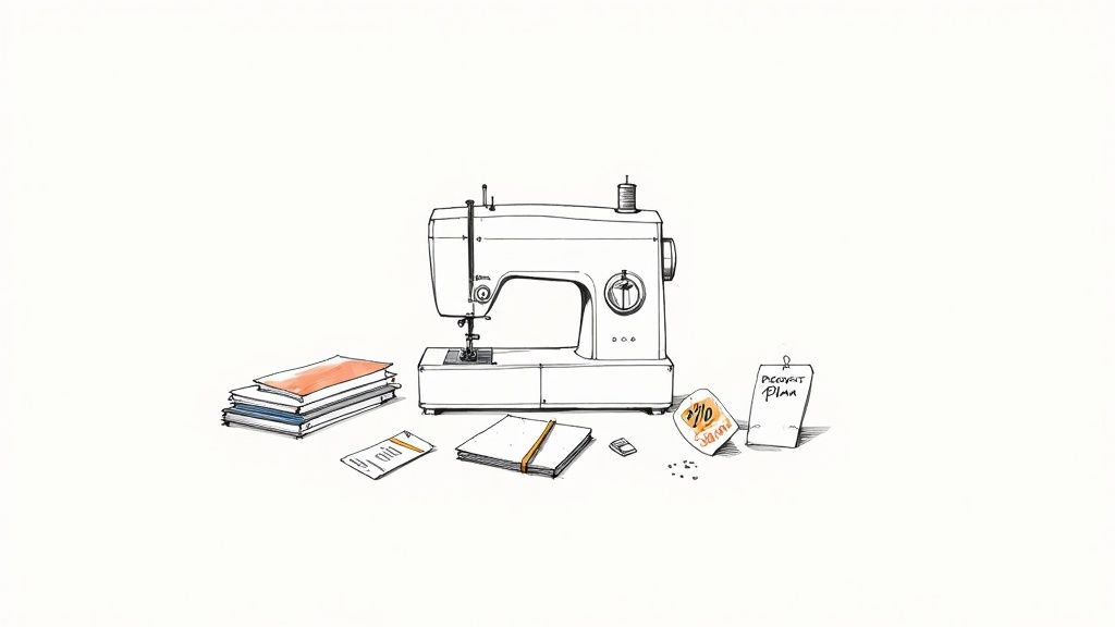 A modern sewing machine set up in a bright, creative workspace.
