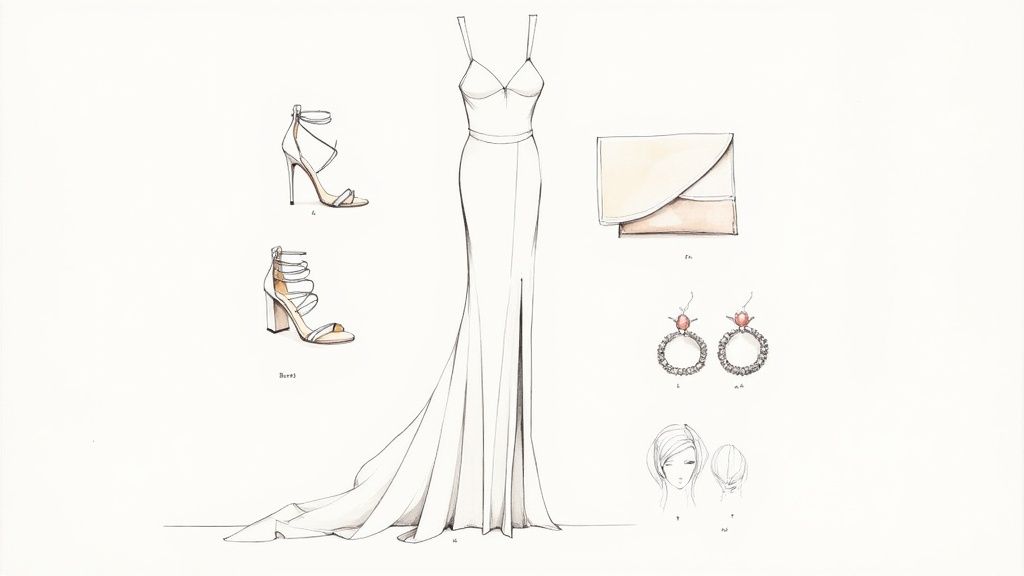 A detailed fashion illustration showcasing a white formal gown with accessories, including heels, clutch, earrings, and hairstyles.