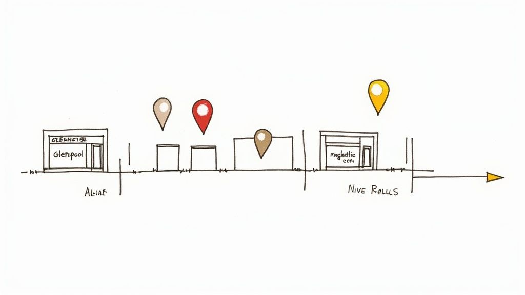 A hand-drawn linear diagram displaying locations like Glenpool and maglettie.com with various colored map pins.