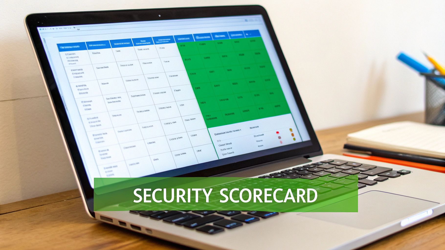 A laptop displays a digital security scorecard with green and white cells, on a wooden desk.