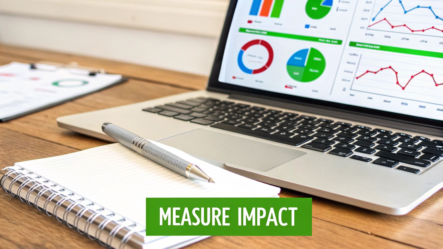 A laptop on a wooden desk displays various data analytics charts and graphs, alongside a notebook and pen.