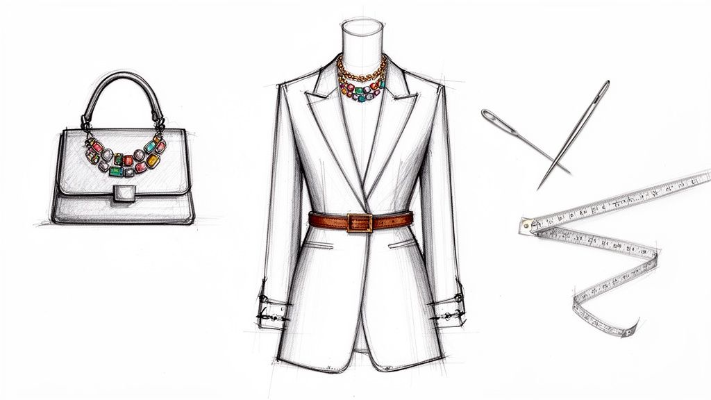 Sketches of a white handbag, a belted blazer with a necklace, and tailoring tools.