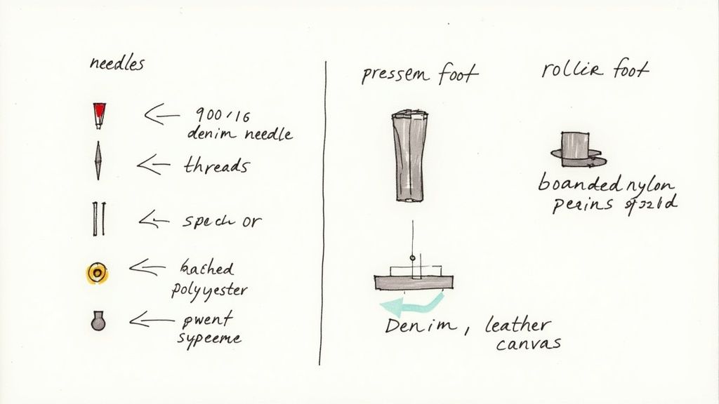 A diagram illustrating various sewing machine needles, a presser foot, and a roller foot, suitable for thick materials.