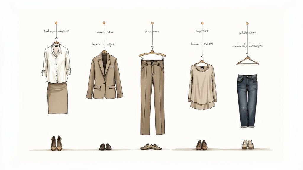 A woman wearing a stylish business casual outfit, including a white blazer, black top, and dark pants, standing in a modern office setting.