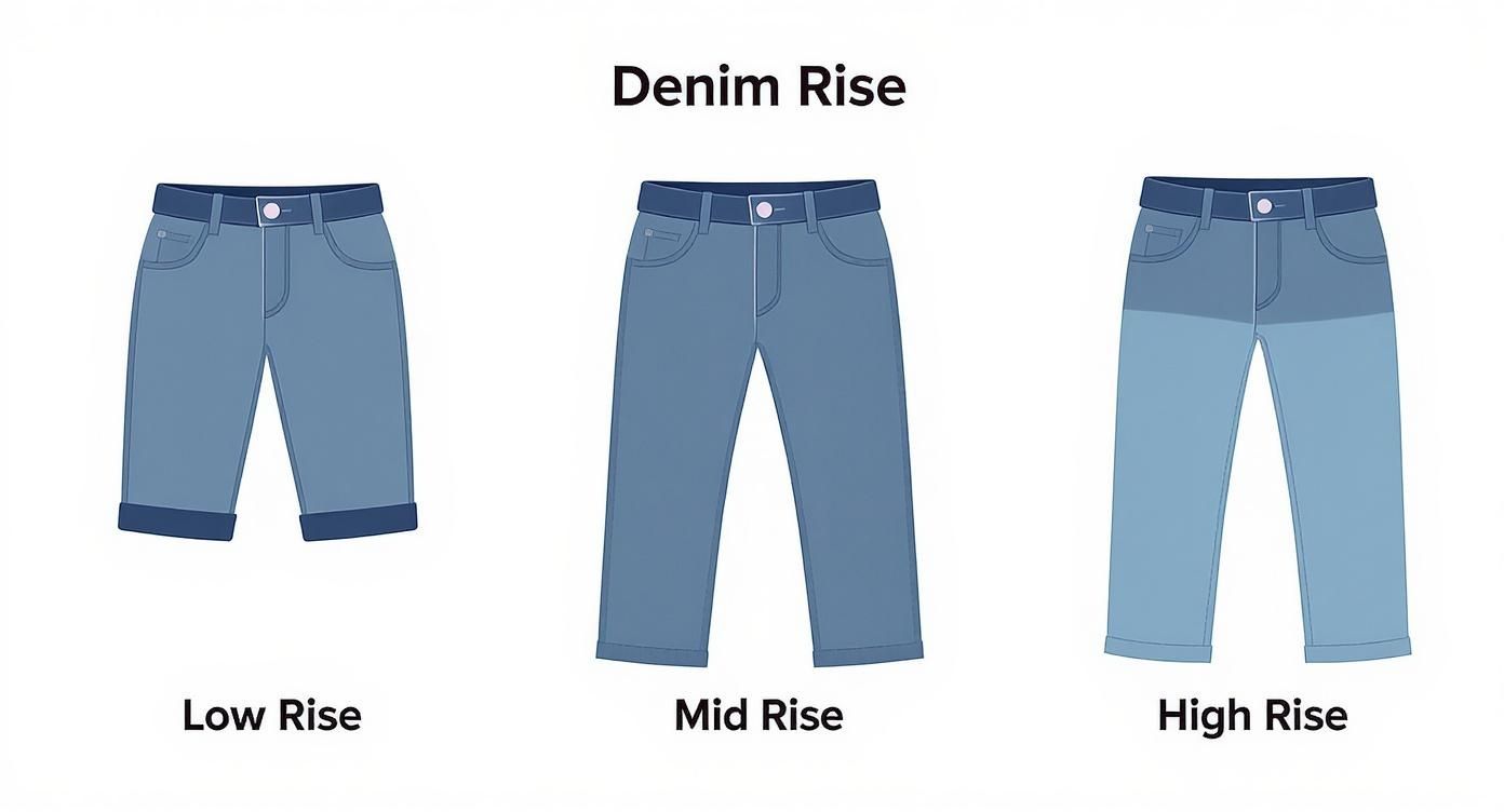 Denim rise comparison chart showing low rise, mid rise, and high rise jeans styles