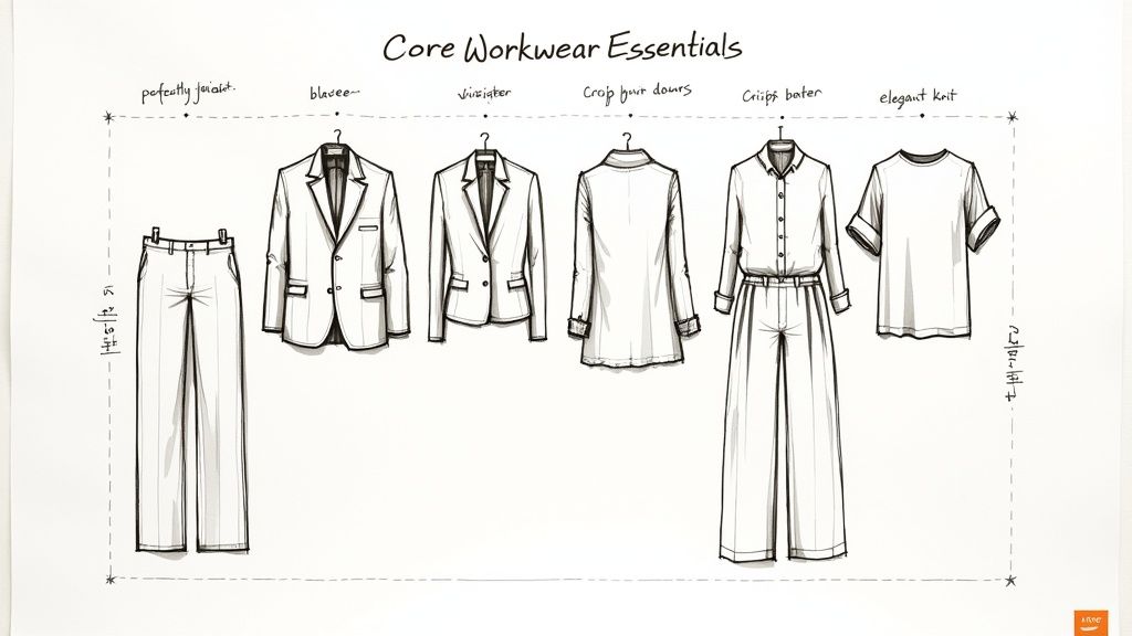 A woman in stylish workwear, showcasing a well-tailored blazer and trousers