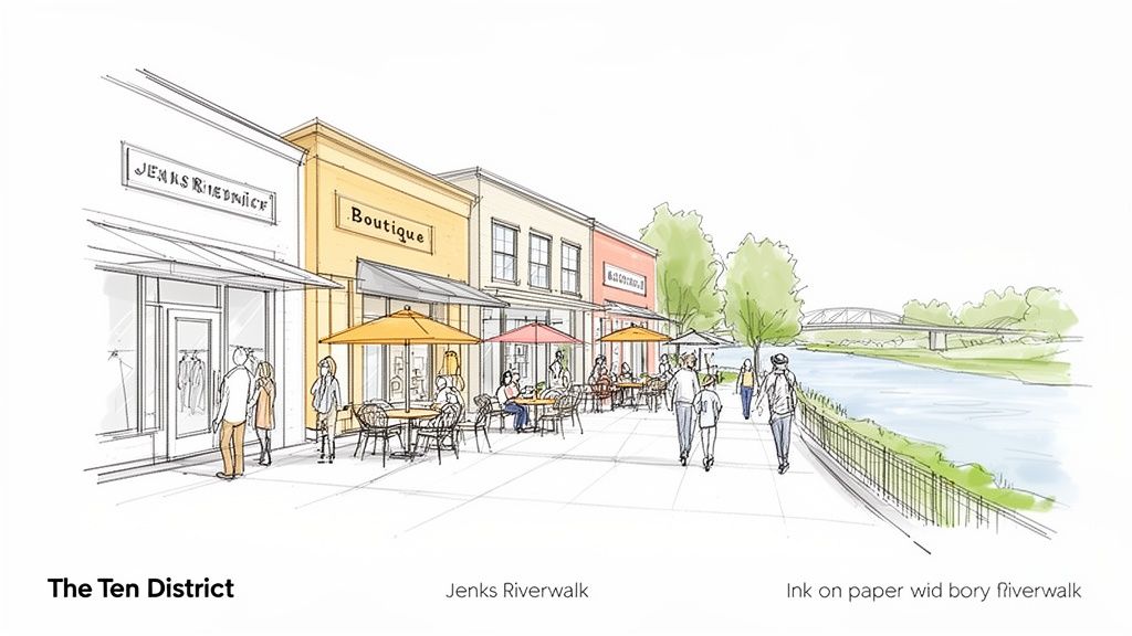 A vibrant architectural sketch of Jenks Riverwalk with shops, outdoor dining, people, and a bridge.