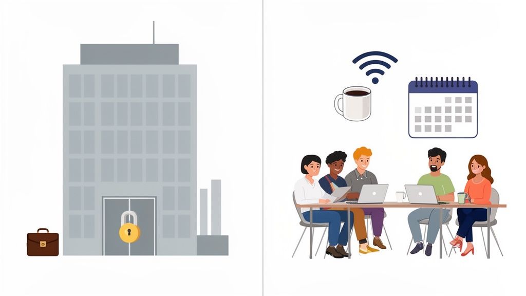 A split-screen image showing a traditional, locked office on one side and a modern, open co-working space on the other.