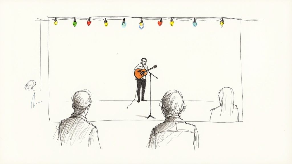 Intimate acoustic guitar performance on small stage with colorful string lights and sparse audience