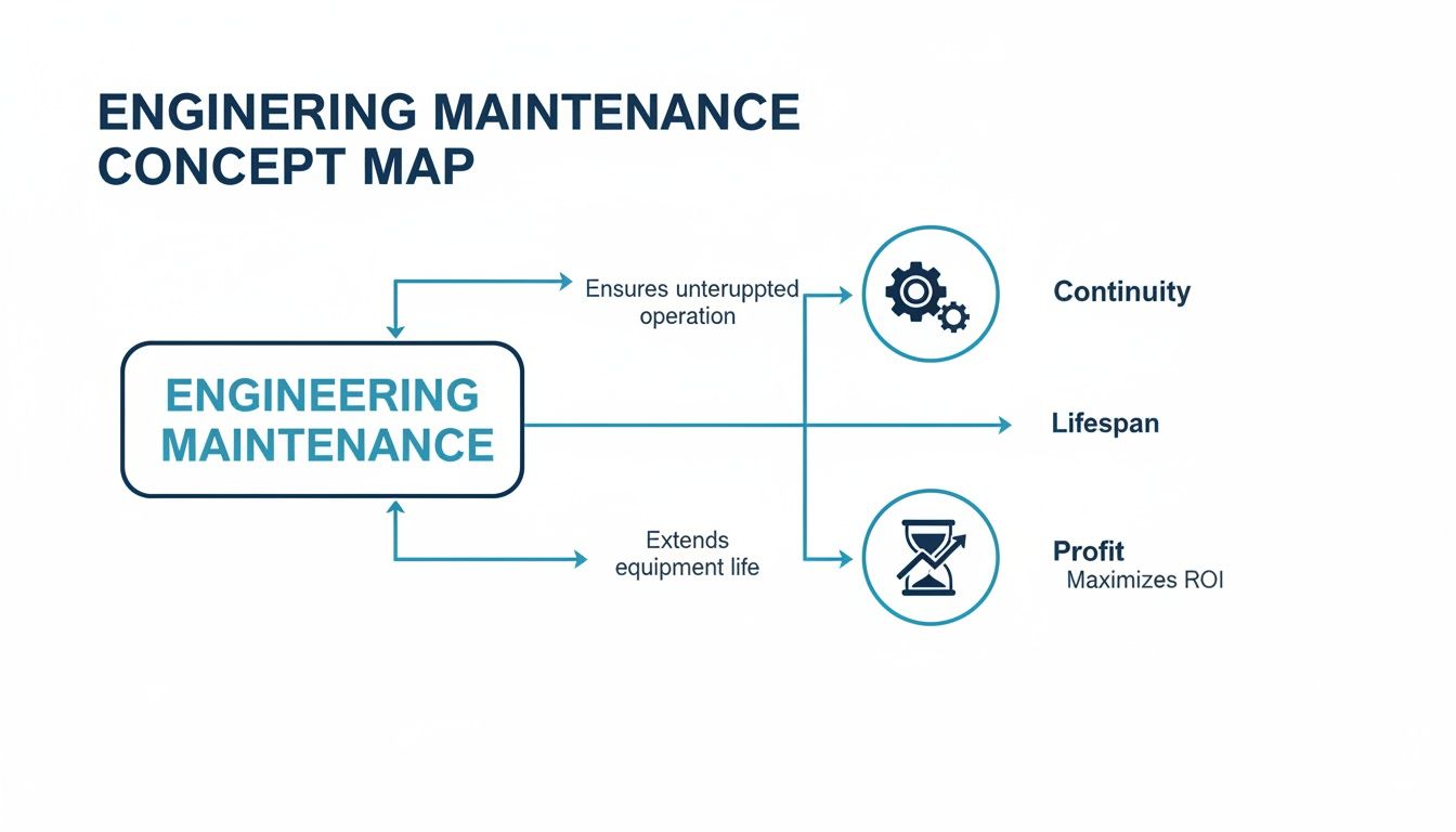 Concept map illustrating how engineering maintenance ensures continuity, extends lifespan, and maximizes profit.