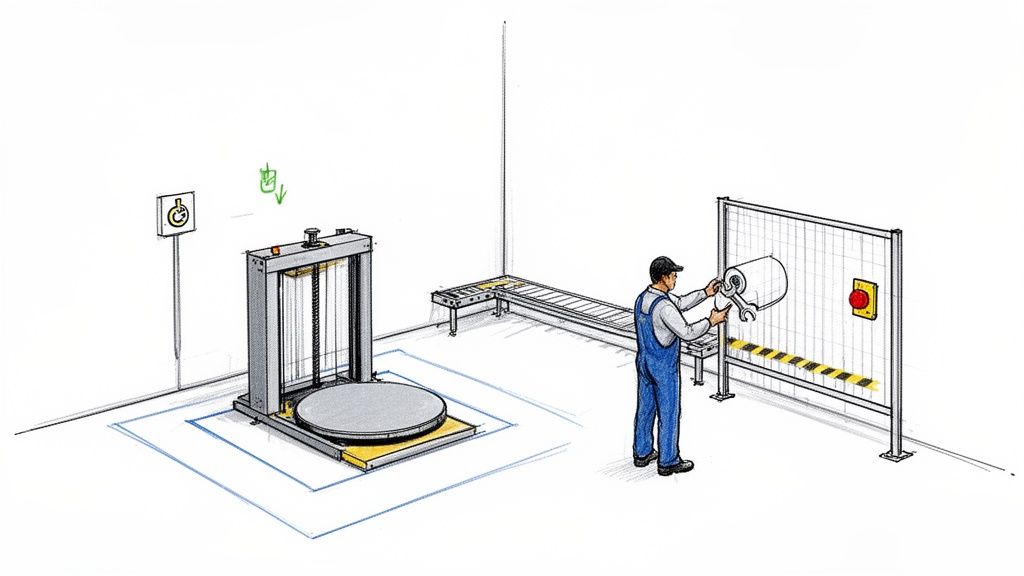 A worker in overalls performs maintenance on a component near an automatic stretch wrap machine.