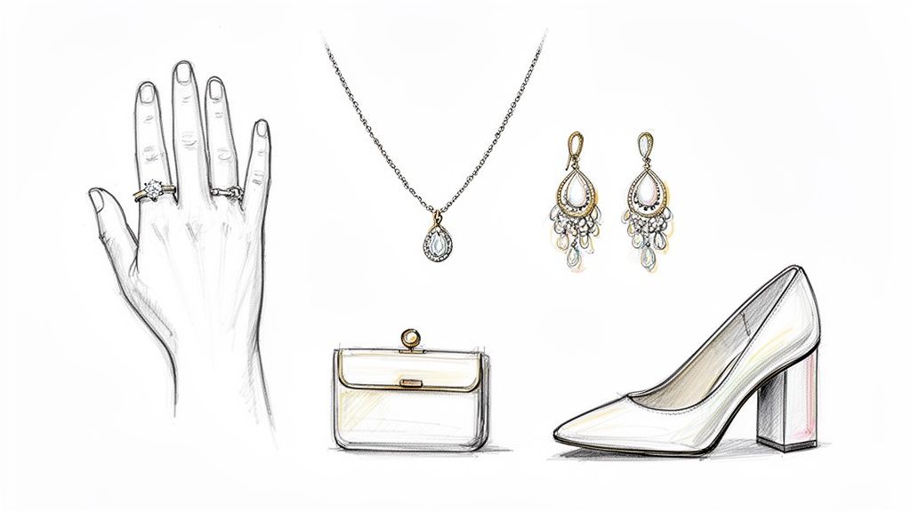Elegant fashion accessories including rings, necklace, earrings, clutch, and high heel shoe for an engagement party.