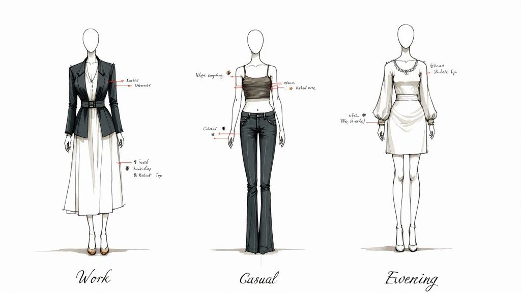 A woman confidently walks down a city street in a stylish, well-fitting outfit