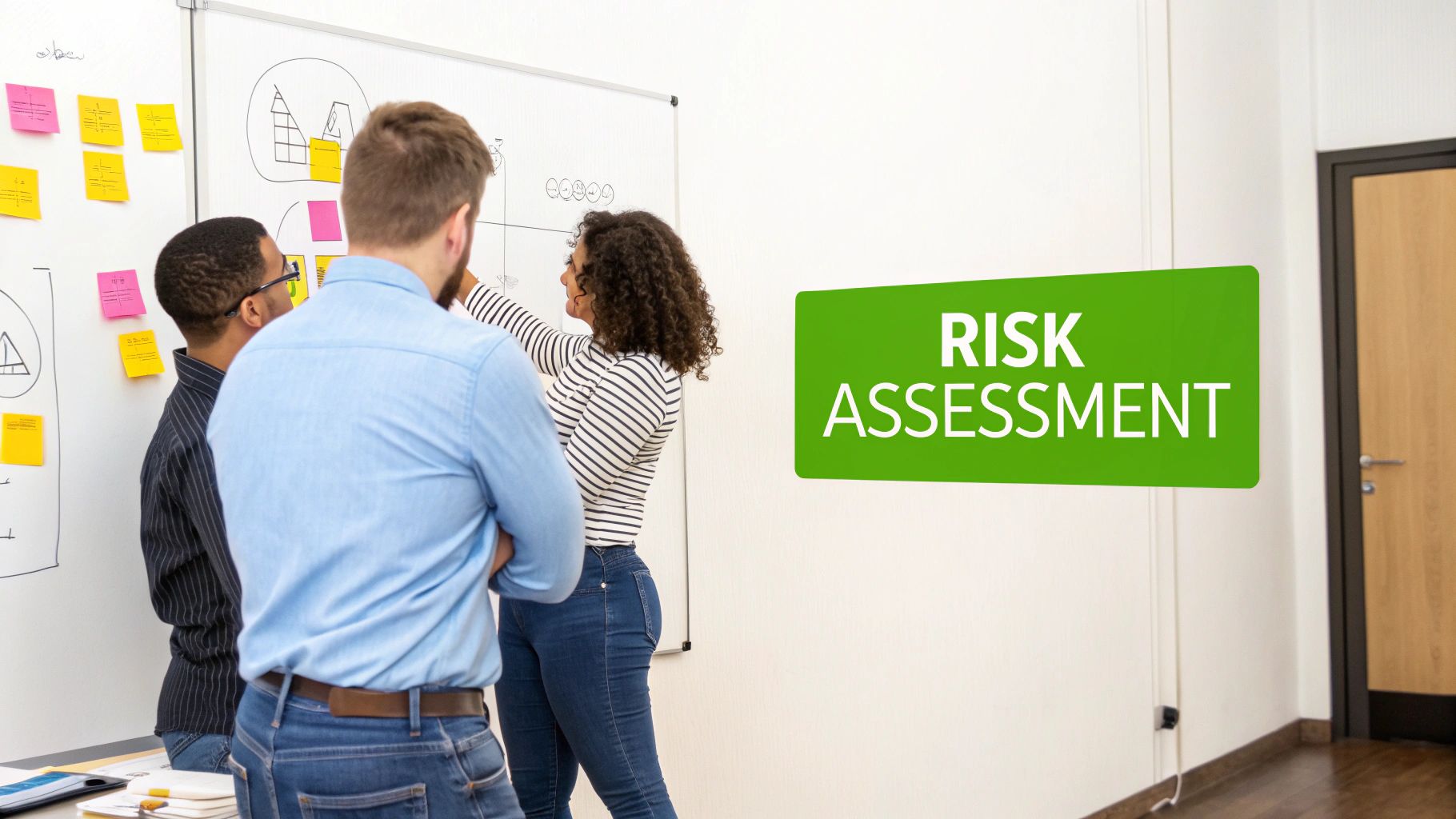 Three colleagues brainstorm on a whiteboard, focusing on a critical risk assessment.