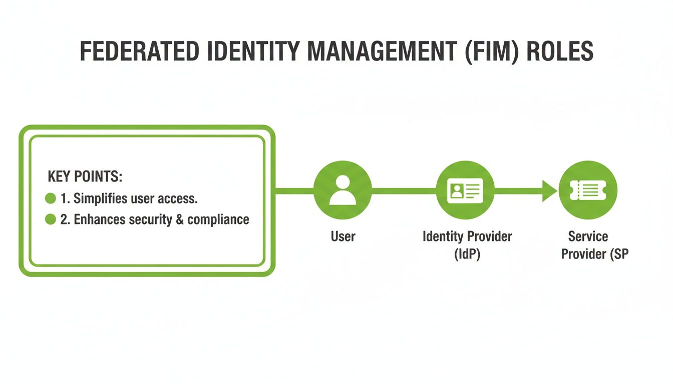Diagram illustrating Federated Identity Management (FIM) roles: User, Identity Provider, Service Provider, with key benefits.