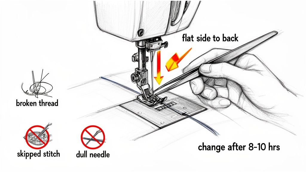 Diagram illustrating how to insert a sewing machine needle, emphasizing proper orientation and signs to change it.