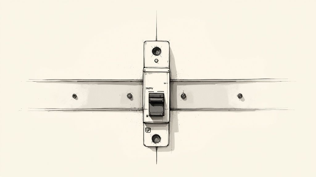 A black and white technical drawing of a miniature circuit breaker mounted on a wall.