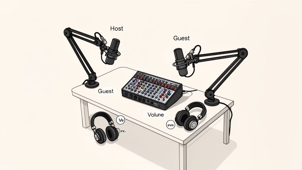 Two people recording a podcast, each with their own microphone and headphones connected to a mixer.
