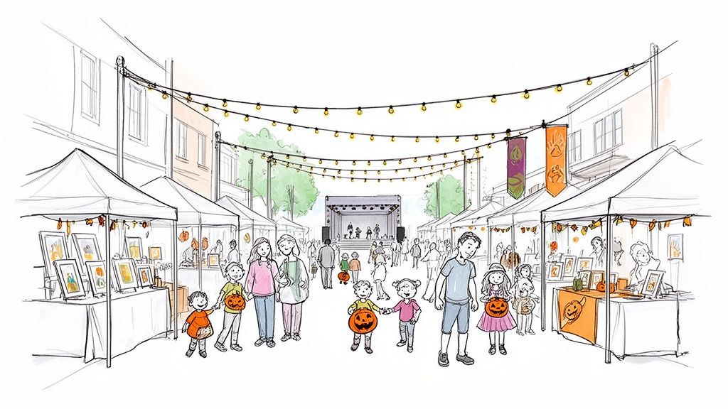 A lively street scene depicting a fall festival with market stalls, string lights, and families.