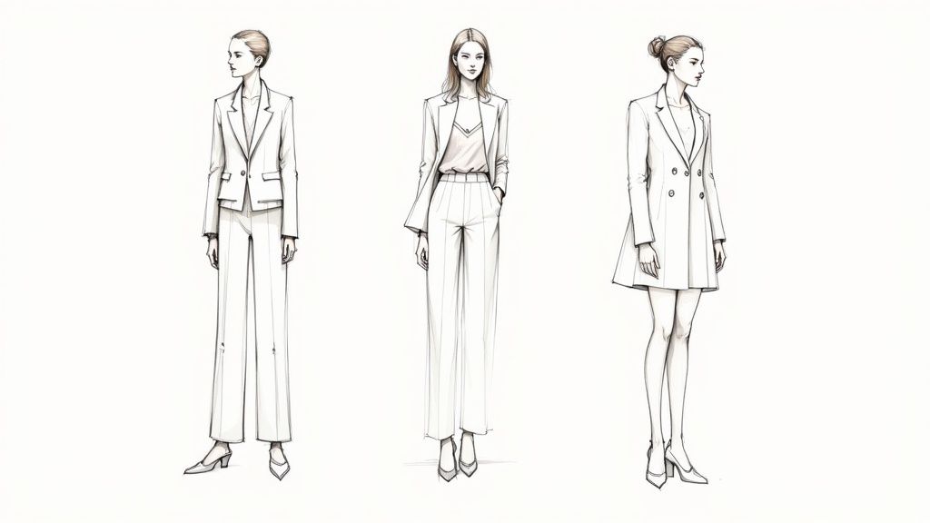 Three fashion illustrations of women in white blazer outfits, showcasing different styles.
