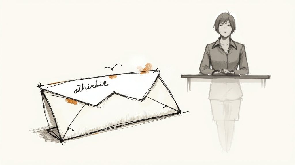 A sketch of a woman behind a desk and an envelope with handwritten text.