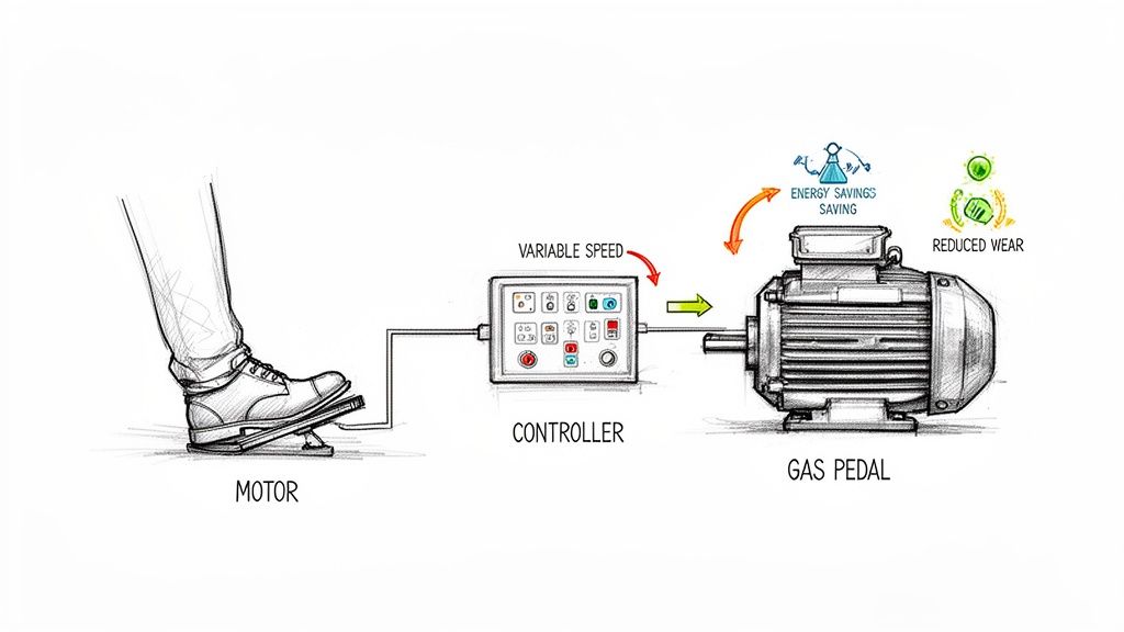 Diagram showing a variable speed controller regulating an electric motor via a pedal, illustrating energy savings.